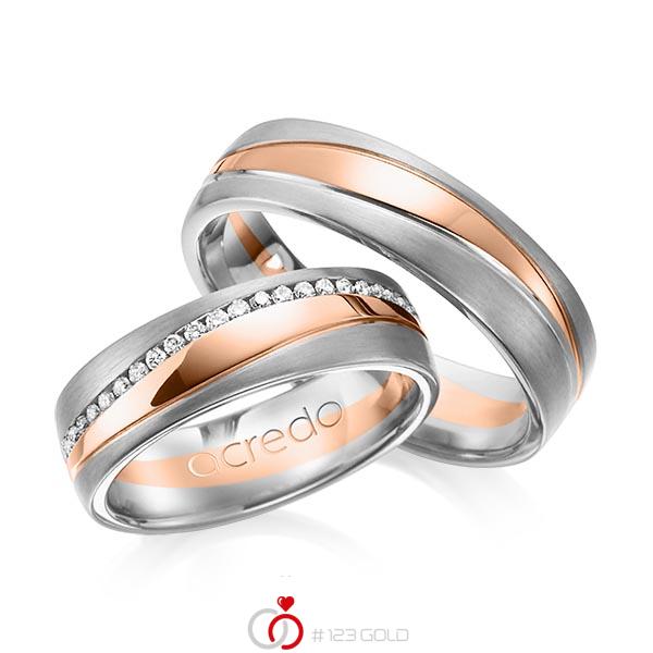 Paar bicolor Memoire-Trauringe/Eheringe in Graugold 585 Rotgold 585 vollausgefasst mit zus. 0,4 ct. Brillant tw, si von acredo - A-1153-8 Paar bicolor Memoire-Trauringe/Eheringe in Graugold 585 Rotgold 585 vollausgefasst mit zus. 0,4 ct. Brillant tw, si von acredo - A-1153-8