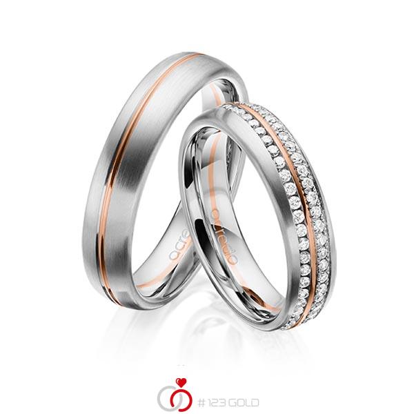 Paar bicolor Memoire-Trauringe/Eheringe in Graugold 585 Rotgold 585 vollausgefasst mit zus. 0,784 ct. Brillant tw, si von acredo - A-1630-11 Paar bicolor Memoire-Trauringe/Eheringe in Graugold 585 Rotgold 585 vollausgefasst mit zus. 0,784 ct. Brillant tw, si von acredo - A-1630-11