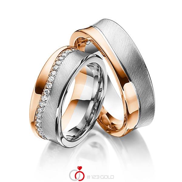 Paar bicolor Memoire-Trauringe/Eheringe in Rotgold 585 Graugold 585 vollausgefasst mit zus. 0,47 ct. Brillant tw, si von Steinberg - Q-1193-1 Paar bicolor Memoire-Trauringe/Eheringe in Rotgold 585 Graugold 585 vollausgefasst mit zus. 0,47 ct. Brillant tw, si von Steinberg - Q-1193-1