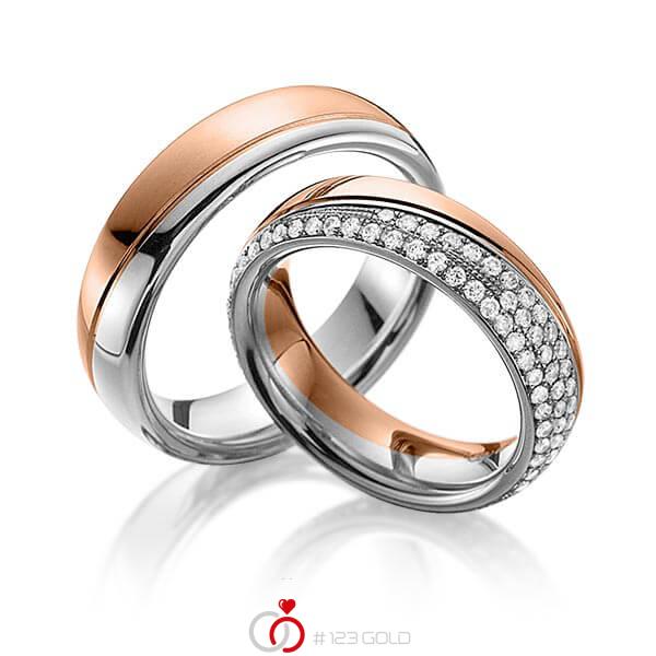 Paar bicolor Memoire-Trauringe/Eheringe in Rotgold 585 Graugold 585 vollausgefasst mit zus. 0,85 ct. Brillant tw, vs von 123gold - Y-1276-2 Paar bicolor Memoire-Trauringe/Eheringe in Rotgold 585 Graugold 585 vollausgefasst mit zus. 0,85 ct. Brillant tw, vs von 123gold - Y-1276-2