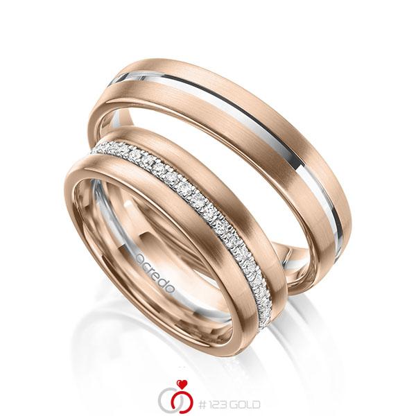 Paar bicolor Memoire-Trauringe/Eheringe in Rotgold 585 Weißgold 585 vollausgefasst mit zus. 0,39 ct. tw, si von acredo - A-2102-8 Paar bicolor Memoire-Trauringe/Eheringe in Rotgold 585 Weißgold 585 vollausgefasst mit zus. 0,39 ct. tw, si von acredo - A-2102-8
