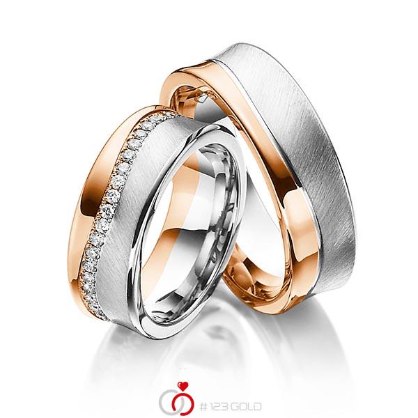 Paar bicolor Memoire-Trauringe/Eheringe in Rotgold 585 Weißgold 585 vollausgefasst mit zus. 0,47 ct. Brillant tw, si von Steinberg - Q-1193-4 Paar bicolor Memoire-Trauringe/Eheringe in Rotgold 585 Weißgold 585 vollausgefasst mit zus. 0,47 ct. Brillant tw, si von Steinberg - Q-1193-4