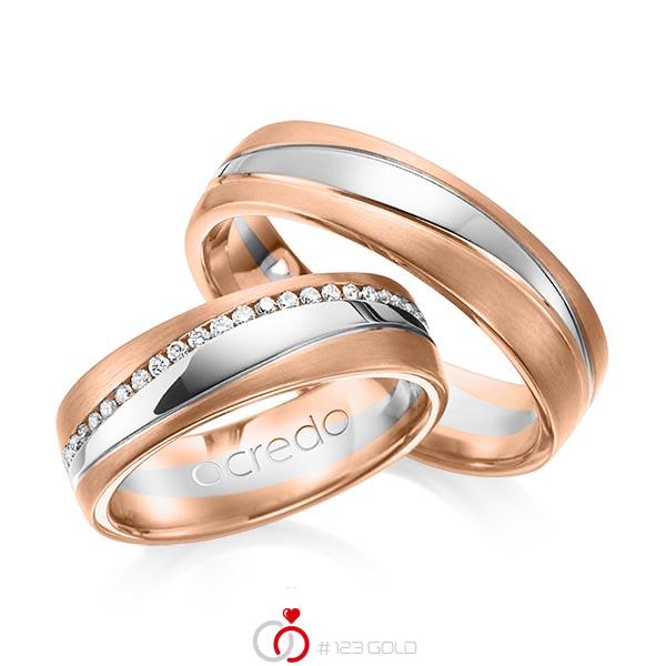 Paar bicolor Memoire-Trauringe/Eheringe in Rotgold 585 Weissgold 585 vollausgefasst mit zus. 0,4 ct. Brillant tw, si von acredo - A-1153-12 Paar bicolor Memoire-Trauringe/Eheringe in Rotgold 585 Weissgold 585 vollausgefasst mit zus. 0,4 ct. Brillant tw, si von acredo - A-1153-12