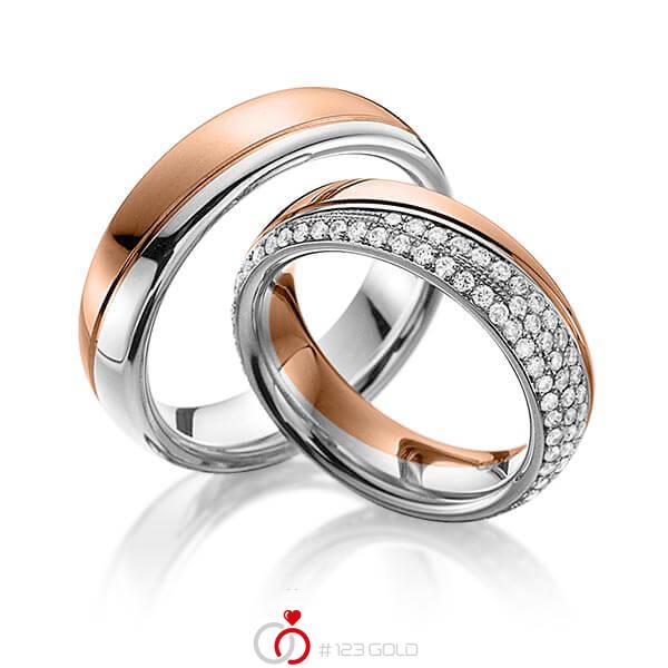 Paar bicolor Memoire-Trauringe/Eheringe in Rotgold 585 Weissgold 585 vollausgefasst mit zus. 0,85 ct. Brillant tw, vs von 123gold - Y-1276-1 Paar bicolor Memoire-Trauringe/Eheringe in Rotgold 585 Weissgold 585 vollausgefasst mit zus. 0,85 ct. Brillant tw, vs von 123gold - Y-1276-1