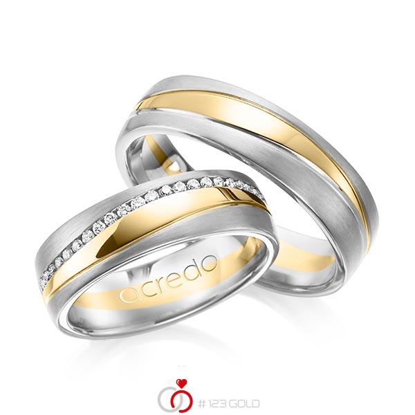 Paar bicolor Memoire-Trauringe/Eheringe in Weißgold 585 Gelbgold 585 vollausgefasst mit zus. 0,4 ct. Brillant tw, si von acredo - A-1153-2 Paar bicolor Memoire-Trauringe/Eheringe in Weißgold 585 Gelbgold 585 vollausgefasst mit zus. 0,4 ct. Brillant tw, si von acredo - A-1153-2