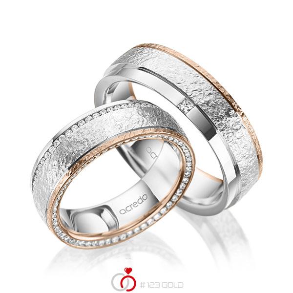 Paar bicolor Memoire-Trauringe/Eheringe in Weißgold 585 Rotgold 585 , crushed Struktur vollausgefasst mit zus. 0,6 ct. Brillant & Prinzess-Diamant tw, si von acredo - A-2015-7 Paar bicolor Memoire-Trauringe/Eheringe in Weißgold 585 Rotgold 585 , crushed Struktur vollausgefasst mit zus. 0,6 ct. Brillant & Prinzess-Diamant tw, si von acredo - A-2015-7