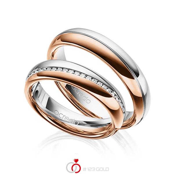 Paar bicolor Memoire-Trauringe/Eheringe in Weissgold 585 Rotgold 585 halbausgefasst mit zus. 0,2 ct. Brillant tw, si von acredo - A-1629-1 Paar bicolor Memoire-Trauringe/Eheringe in Weissgold 585 Rotgold 585 halbausgefasst mit zus. 0,2 ct. Brillant tw, si von acredo - A-1629-1