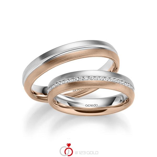 Paar bicolor Memoire-Trauringe/Eheringe in Weissgold 585 Rotgold 585 vollausgefasst mit zus. 0,392 ct. Brillant tw, si von acredo - A-1031-16 Paar bicolor Memoire-Trauringe/Eheringe in Weissgold 585 Rotgold 585 vollausgefasst mit zus. 0,392 ct. Brillant tw, si von acredo - A-1031-16