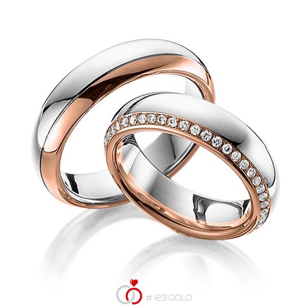 Paar bicolor Memoire-Trauringe/Eheringe in Weissgold 585 Rotgold 585 vollausgefasst mit zus. 0,47 ct. Brillant tw, si von 123gold - Y-1274-8 Paar bicolor Memoire-Trauringe/Eheringe in Weissgold 585 Rotgold 585 vollausgefasst mit zus. 0,47 ct. Brillant tw, si von 123gold - Y-1274-8
