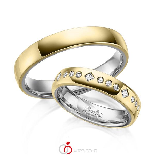 Paar bicolor Trauringe/Eheringe in außen Gelbgold 585 , innen Graugold 585 mit zus. 0,42 ct. Prinzess-Diamant & Brillant tw, si von Steinberg - Q-1628-1 Paar bicolor Trauringe/Eheringe in außen Gelbgold 585 , innen Graugold 585 mit zus. 0,42 ct. Prinzess-Diamant & Brillant tw, si von Steinberg - Q-1628-1