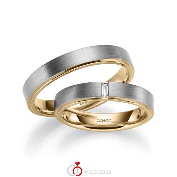 Paar bicolor Trauringe/Eheringe in außen Graugold 585 , innen Roségold 585 mit zus. 0,06 ct. Baguette-Diamant tw, vs von acredo - A-1054-14 Paar bicolor Trauringe/Eheringe in außen Graugold 585 , innen Roségold 585 mit zus. 0,06 ct. Baguette-Diamant tw, vs von acredo - A-1054-14