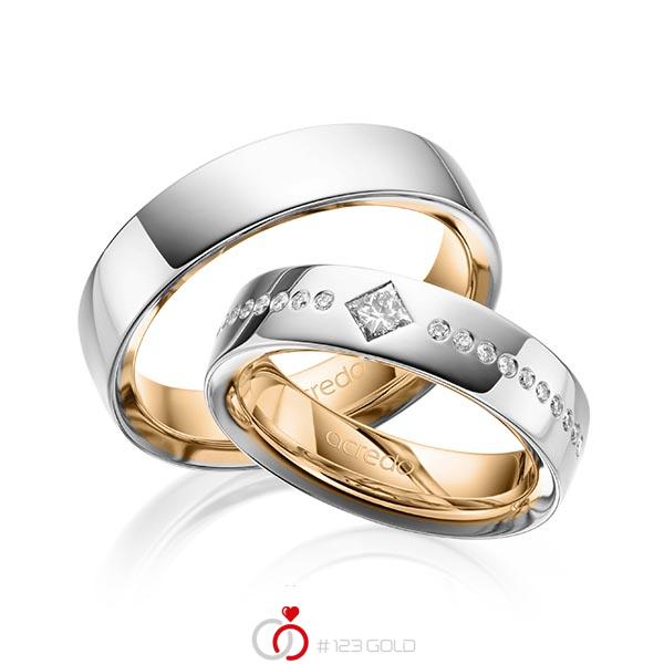 Paar bicolor Trauringe/Eheringe in aussen Graugold 585 , innen Roségold 585 mit zus. 0,326 ct. Brillant & Prinzess-Diamant tw, si von acredo - A-1626-1 Paar bicolor Trauringe/Eheringe in aussen Graugold 585 , innen Roségold 585 mit zus. 0,326 ct. Brillant & Prinzess-Diamant tw, si von acredo - A-1626-1