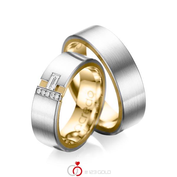 Paar bicolor Trauringe/Eheringe in aussen Platin 950 , innen Gelbgold 750 mit zus. 0,155 ct. Baguette-Diamant & Brillant tw, vs tw, si von acredo - A-1066-3 Paar bicolor Trauringe/Eheringe in aussen Platin 950 , innen Gelbgold 750 mit zus. 0,155 ct. Baguette-Diamant & Brillant tw, vs tw, si von acredo - A-1066-3