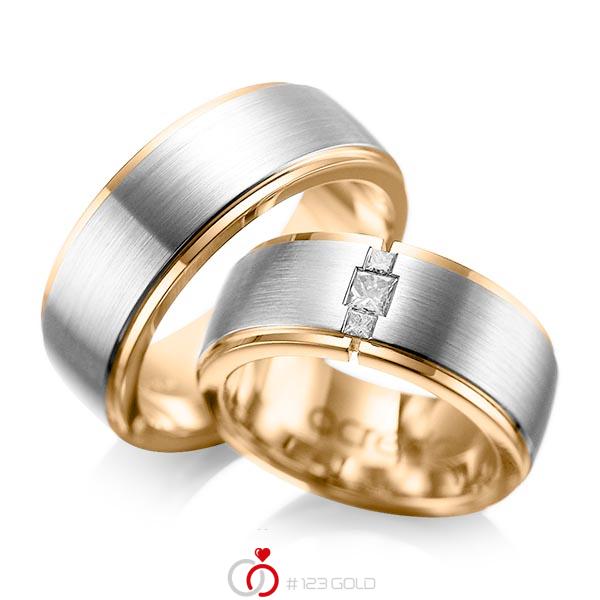 Paar bicolor Trauringe/Eheringe in außen Platin 950 , innen Roségold 750 mit zus. 0,21 ct. Prinzess-Diamant tw, si von acredo - A-1087-4 Paar bicolor Trauringe/Eheringe in außen Platin 950 , innen Roségold 750 mit zus. 0,21 ct. Prinzess-Diamant tw, si von acredo - A-1087-4
