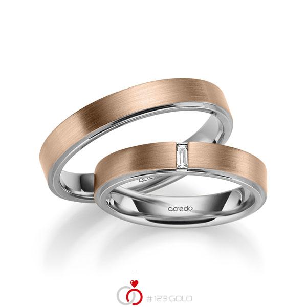 Paar bicolor Trauringe/Eheringe in aussen Rotgold 585 , innen Graugold 585 mit zus. 0,06 ct. Baguette-Diamant tw, vs von acredo - A-1054-16 Paar bicolor Trauringe/Eheringe in aussen Rotgold 585 , innen Graugold 585 mit zus. 0,06 ct. Baguette-Diamant tw, vs von acredo - A-1054-16