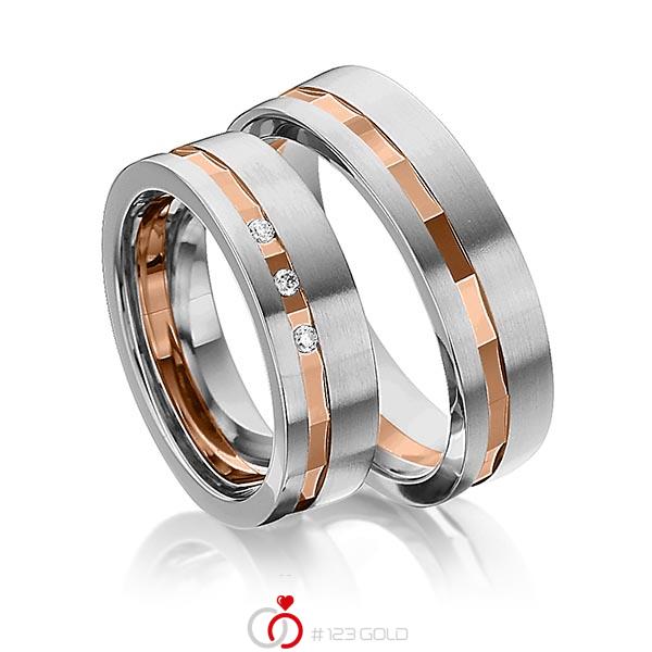 Paar bicolor Trauringe/Eheringe in Edelstahl Rotgold 585 mit zus. 0,045 ct. Brillant tw, si von 123gold - Y-1295-3 Paar bicolor Trauringe/Eheringe in Edelstahl Rotgold 585 mit zus. 0,045 ct. Brillant tw, si von 123gold - Y-1295-3