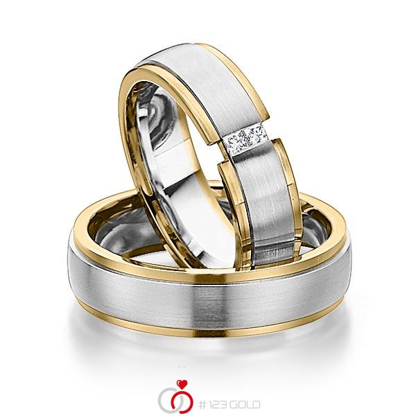 Paar bicolor Trauringe/Eheringe in Gelbgold 585 Edelstahl mit zus. 0,08 ct. Prinzess-Diamant tw, si von 123gold - Y-1287-1 Paar bicolor Trauringe/Eheringe in Gelbgold 585 Edelstahl mit zus. 0,08 ct. Prinzess-Diamant tw, si von 123gold - Y-1287-1