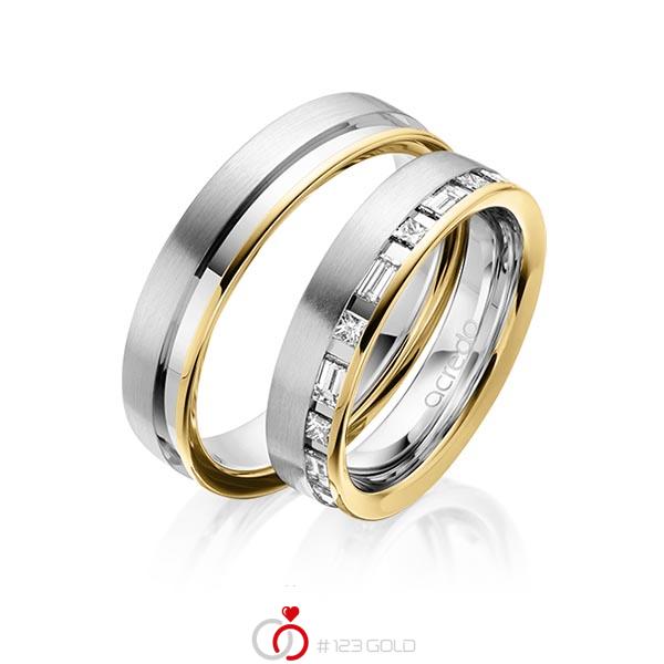 Paar bicolor Trauringe/Eheringe in Gelbgold 585 Graugold 585 mit zus. 0,9 ct. Prinzess-Diamant & Baguette-Diamant tw, si tw, vs von acredo - A-1628-10 Paar bicolor Trauringe/Eheringe in Gelbgold 585 Graugold 585 mit zus. 0,9 ct. Prinzess-Diamant & Baguette-Diamant tw, si tw, vs von acredo - A-1628-10