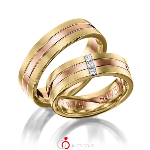 Paar bicolor Trauringe/Eheringe in Gelbgold 585 Rotgold 585 mit zus. 0,12 ct. Prinzess-Diamant tw, si von 123gold - Y-1148-17 Paar bicolor Trauringe/Eheringe in Gelbgold 585 Rotgold 585 mit zus. 0,12 ct. Prinzess-Diamant tw, si von 123gold - Y-1148-17