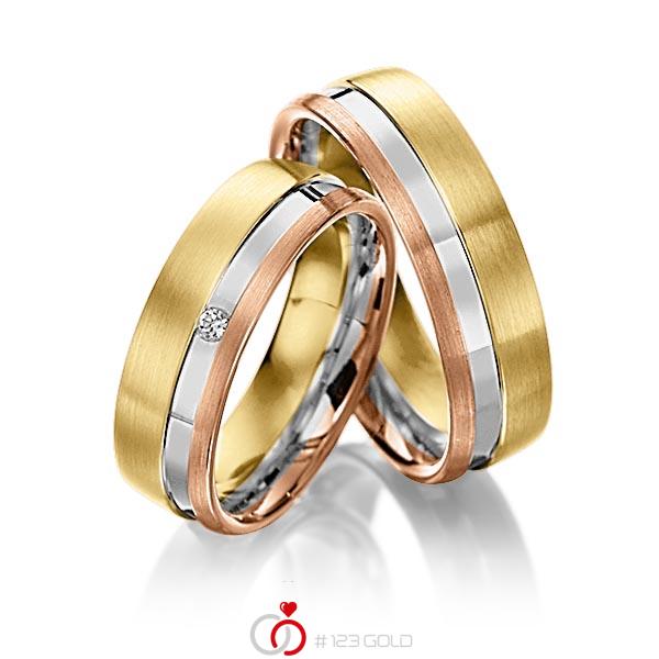 Paar bicolor Trauringe/Eheringe in Gelbgold 585 Silber 925 Rotgold 585 mit zus. 0,02 ct. Brillant tw, si von Merii - M-1014-1 Paar bicolor Trauringe/Eheringe in Gelbgold 585 Silber 925 Rotgold 585 mit zus. 0,02 ct. Brillant tw, si von Merii - M-1014-1