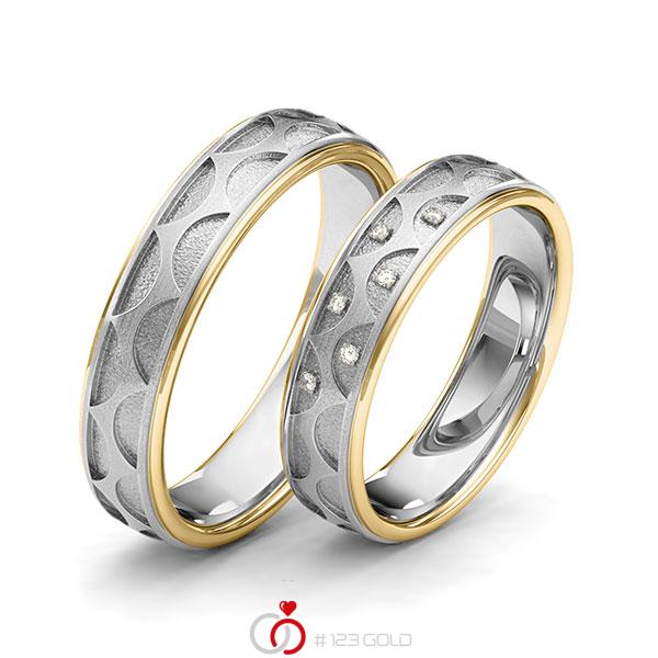Paar bicolor Trauringe/Eheringe in Gelbgold 585 Weissgold 585 Laser Struktur mit zus. 0,03 ct. Brillant tw, si von 123gold - Y-1399-1 Paar bicolor Trauringe/Eheringe in Gelbgold 585 Weissgold 585 Laser Struktur mit zus. 0,03 ct. Brillant tw, si von 123gold - Y-1399-1
