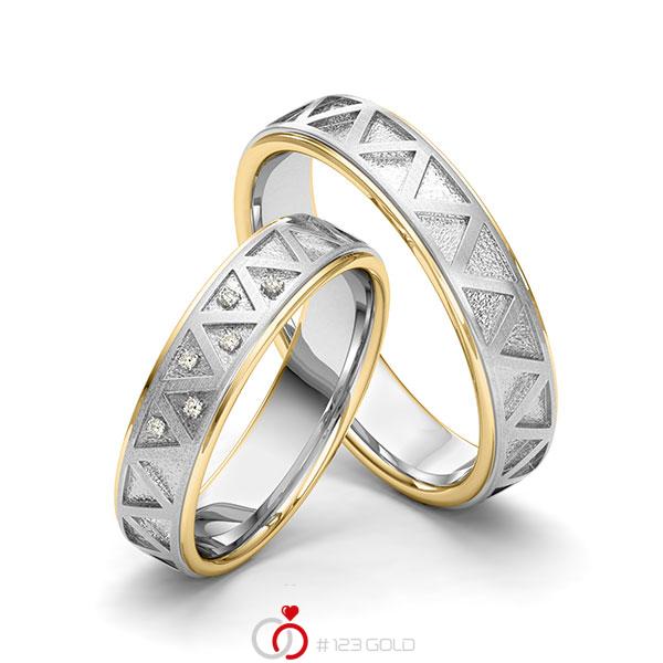 Paar bicolor Trauringe/Eheringe in Gelbgold 585 Weissgold 585 Laser Struktur mit zus. 0,045 ct. Brillant tw, si von 123gold - Y-1405-1 Paar bicolor Trauringe/Eheringe in Gelbgold 585 Weissgold 585 Laser Struktur mit zus. 0,045 ct. Brillant tw, si von 123gold - Y-1405-1