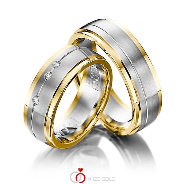 Paar bicolor Trauringe/Eheringe in Gelbgold 585 Weißgold 585 mit zus. 0,045 ct. Brillant tw, si von 123gold - Y-1081-15 Paar bicolor Trauringe/Eheringe in Gelbgold 585 Weißgold 585 mit zus. 0,045 ct. Brillant tw, si von 123gold - Y-1081-15