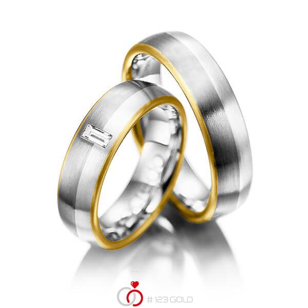 Paar bicolor Trauringe/Eheringe in Gelbgold 750 Graugold 750 Platin 950 mit zus. 0,1 ct. Baguette-Diamant tw, vs von acredo - A-1002-1 Paar bicolor Trauringe/Eheringe in Gelbgold 750 Graugold 750 Platin 950 mit zus. 0,1 ct. Baguette-Diamant tw, vs von acredo - A-1002-1