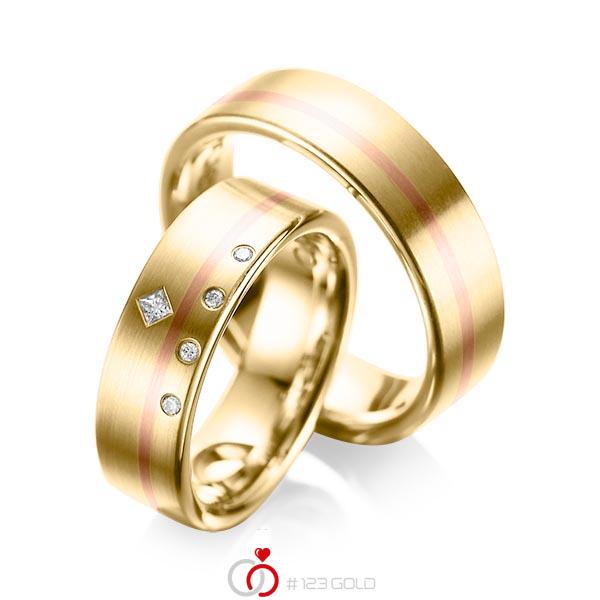 Paar bicolor Trauringe/Eheringe in Gelbgold 750 Rotgold 750 mit zus. 0,07 ct. Brillant & Prinzess-Diamant tw, si tw, vs von acredo - A-1038-1 Paar bicolor Trauringe/Eheringe in Gelbgold 750 Rotgold 750 mit zus. 0,07 ct. Brillant & Prinzess-Diamant tw, si tw, vs von acredo - A-1038-1