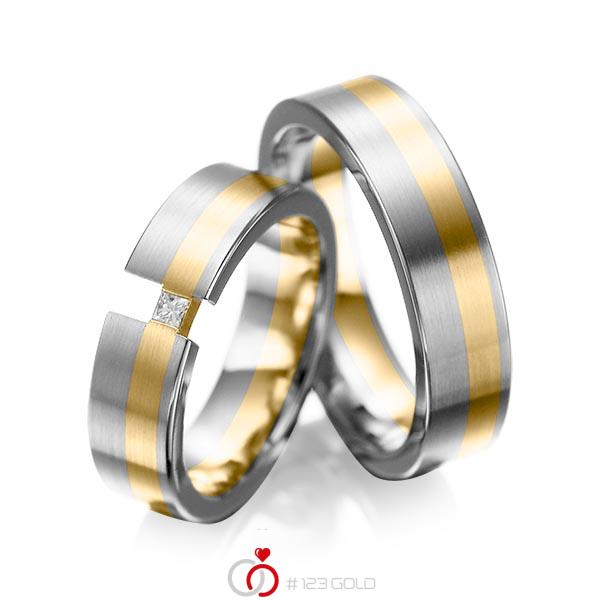 Paar bicolor Trauringe/Eheringe in Graugold 585 Gelbgold 585 mit zus. 0,05 ct. Prinzess-Diamant tw, si von acredo - A-1025-8 Paar bicolor Trauringe/Eheringe in Graugold 585 Gelbgold 585 mit zus. 0,05 ct. Prinzess-Diamant tw, si von acredo - A-1025-8