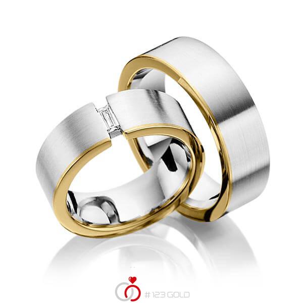 Paar bicolor Trauringe/Eheringe in Graugold 585 Gelbgold 585 mit zus. 0,1 ct. Baguette-Diamant tw, vs von 123gold - Y-1264-5 Paar bicolor Trauringe/Eheringe in Graugold 585 Gelbgold 585 mit zus. 0,1 ct. Baguette-Diamant tw, vs von 123gold - Y-1264-5