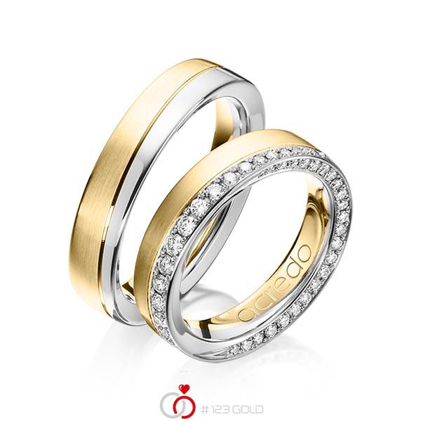 Paar bicolor Trauringe/Eheringe in Graugold 585 Gelbgold 585 mit zus. 0,654 ct. Brillant tw, si von acredo - A-1156-9 Paar bicolor Trauringe/Eheringe in Graugold 585 Gelbgold 585 mit zus. 0,654 ct. Brillant tw, si von acredo - A-1156-9