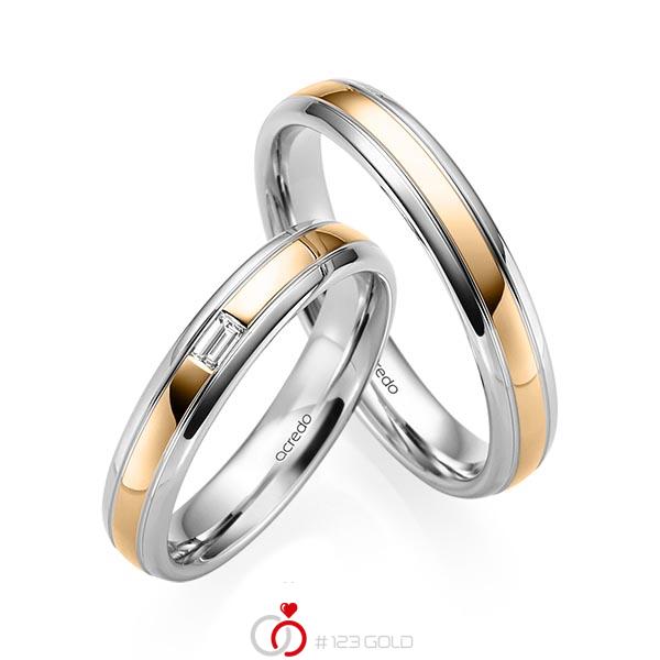 Paar bicolor Trauringe/Eheringe in Graugold 585 Roségold 585 mit zus. 0,06 ct. Baguette-Diamant tw, vs von acredo - S-1229-9 Paar bicolor Trauringe/Eheringe in Graugold 585 Roségold 585 mit zus. 0,06 ct. Baguette-Diamant tw, vs von acredo - S-1229-9