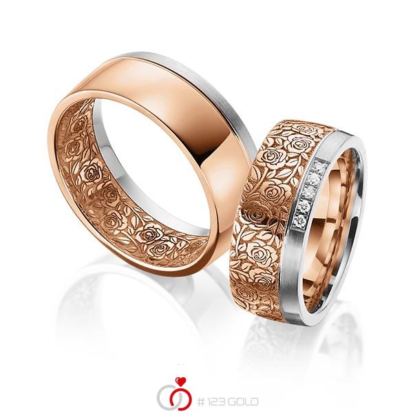 Paar bicolor Trauringe/Eheringe in Graugold 585 Rotgold 585 Laser Struktur mit zus. 0,05 ct. Brillant tw, si von 123gold - Y-1384-11 Paar bicolor Trauringe/Eheringe in Graugold 585 Rotgold 585 Laser Struktur mit zus. 0,05 ct. Brillant tw, si von 123gold - Y-1384-11