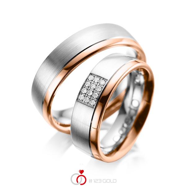 Paar bicolor Trauringe/Eheringe in Graugold 585 Rotgold 585 mit zus. 0,096 ct. Brillant tw, si von acredo - A-1043-7 Paar bicolor Trauringe/Eheringe in Graugold 585 Rotgold 585 mit zus. 0,096 ct. Brillant tw, si von acredo - A-1043-7