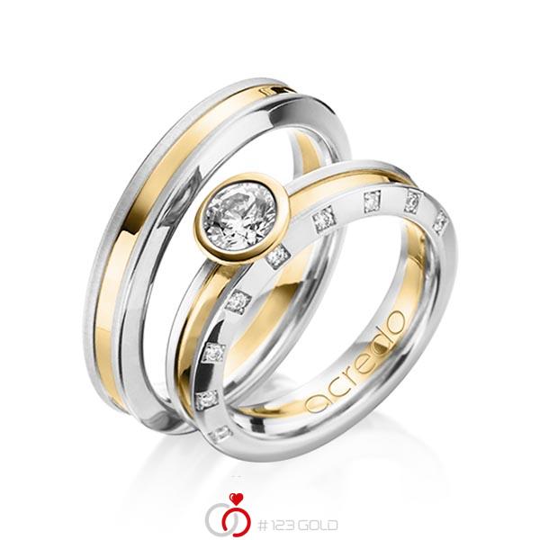 Paar bicolor Trauringe/Eheringe in Platin 950 Gelbgold 750 mit 0,5 ct. + zus. 0,09 ct. Brillant tw, vs tw, si von acredo - A-1200-2 Paar bicolor Trauringe/Eheringe in Platin 950 Gelbgold 750 mit 0,5 ct. + zus. 0,09 ct. Brillant tw, vs tw, si von acredo - A-1200-2