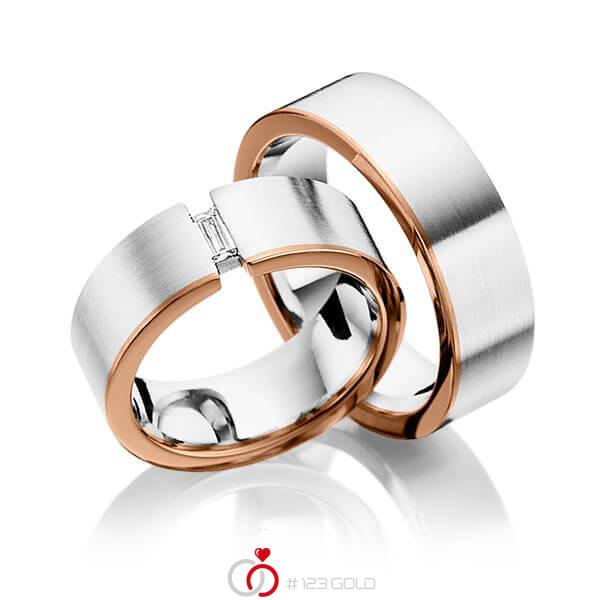 Paar bicolor Trauringe/Eheringe in Platin 950 Rotgold 750 mit zus. 0,1 ct. Baguette-Diamant tw, vs von 123gold - Y-1264-7 Paar bicolor Trauringe/Eheringe in Platin 950 Rotgold 750 mit zus. 0,1 ct. Baguette-Diamant tw, vs von 123gold - Y-1264-7