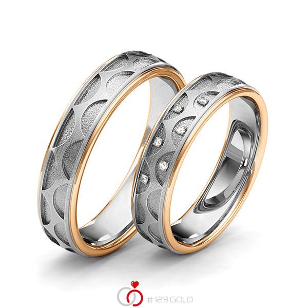 Paar bicolor Trauringe/Eheringe in Roségold 585 Graugold 585 Laser Struktur mit zus. 0,03 ct. Brillant tw, si von 123gold - Y-1399-9 Paar bicolor Trauringe/Eheringe in Roségold 585 Graugold 585 Laser Struktur mit zus. 0,03 ct. Brillant tw, si von 123gold - Y-1399-9