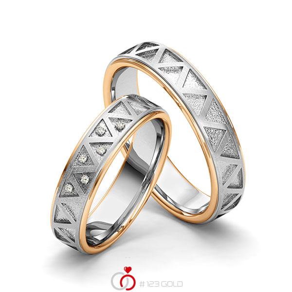 Paar bicolor Trauringe/Eheringe in Roségold 585 Graugold 585 Laser Struktur mit zus. 0,045 ct. Brillant tw, si von 123gold - Y-1405-9 Paar bicolor Trauringe/Eheringe in Roségold 585 Graugold 585 Laser Struktur mit zus. 0,045 ct. Brillant tw, si von 123gold - Y-1405-9