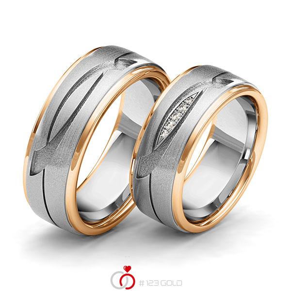 Paar bicolor Trauringe/Eheringe in Roségold 585 Graugold 585 Laser Struktur mit zus. 0,04 ct. Brillant tw, si von 123gold - Y-1402-2 Paar bicolor Trauringe/Eheringe in Roségold 585 Graugold 585 Laser Struktur mit zus. 0,04 ct. Brillant tw, si von 123gold - Y-1402-2