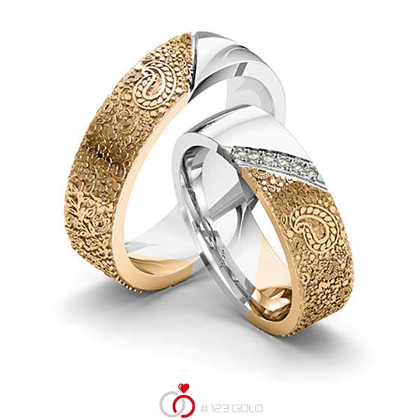 Paar bicolor Trauringe/Eheringe in Roségold 585 Graugold 585 Laser Struktur mit zus. 0,06 ct. Brillant tw, si von 123gold - Y-1387-11 Paar bicolor Trauringe/Eheringe in Roségold 585 Graugold 585 Laser Struktur mit zus. 0,06 ct. Brillant tw, si von 123gold - Y-1387-11