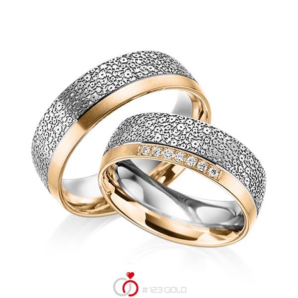 Paar bicolor Trauringe/Eheringe in Roségold 585 Graugold 585 Laser Struktur mit zus. 0,07 ct. Brillant tw, si von 123gold - Y-1383-11 Paar bicolor Trauringe/Eheringe in Roségold 585 Graugold 585 Laser Struktur mit zus. 0,07 ct. Brillant tw, si von 123gold - Y-1383-11