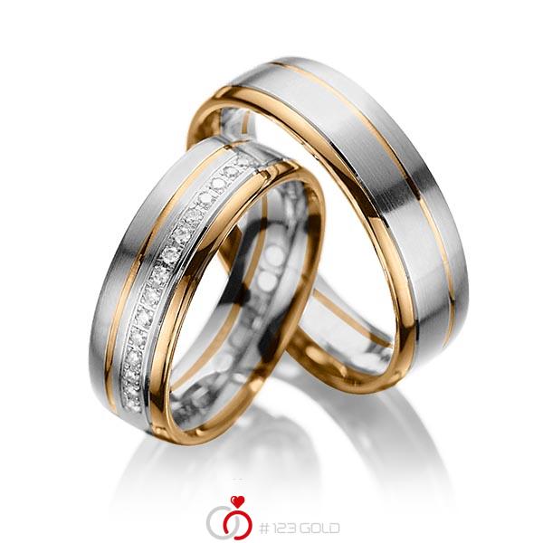 Paar bicolor Trauringe/Eheringe in Roségold 585 Graugold 585 mit zus. 0,15 ct. Brillant tw, si von acredo - A-1034-11 Paar bicolor Trauringe/Eheringe in Roségold 585 Graugold 585 mit zus. 0,15 ct. Brillant tw, si von acredo - A-1034-11