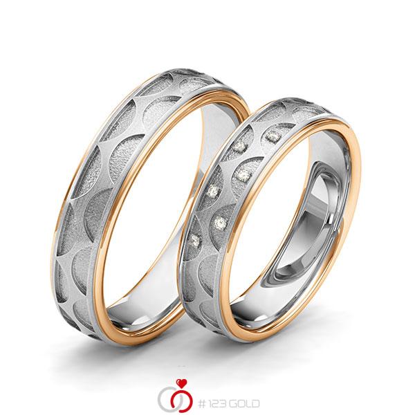 Paar bicolor Trauringe/Eheringe in Roségold 585 Weissgold 585 Laser Struktur mit zus. 0,03 ct. Brillant tw, si von 123gold - Y-1399-2 Paar bicolor Trauringe/Eheringe in Roségold 585 Weissgold 585 Laser Struktur mit zus. 0,03 ct. Brillant tw, si von 123gold - Y-1399-2