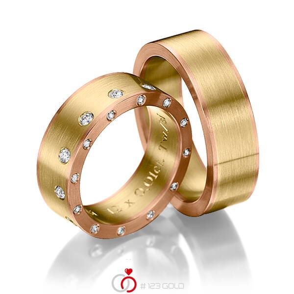 Paar bicolor Trauringe/Eheringe in Rotgold 585 Gelbgold 585 mit zus. 0,48 ct. Brillant tw, si von 123gold - Y-1147-18 Paar bicolor Trauringe/Eheringe in Rotgold 585 Gelbgold 585 mit zus. 0,48 ct. Brillant tw, si von 123gold - Y-1147-18