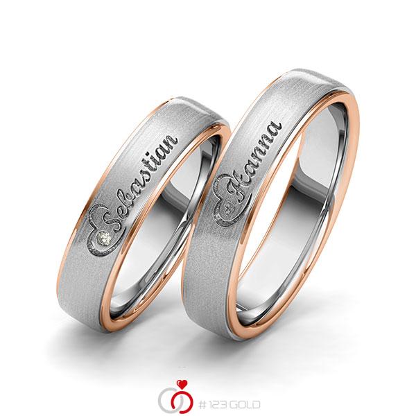 Paar bicolor Trauringe/Eheringe in Rotgold 585 Graugold 585 Herz mit zus. 0,01 ct. Brillant tw, si von 123gold - Y-1415-12 Paar bicolor Trauringe/Eheringe in Rotgold 585 Graugold 585 Herz mit zus. 0,01 ct. Brillant tw, si von 123gold - Y-1415-12