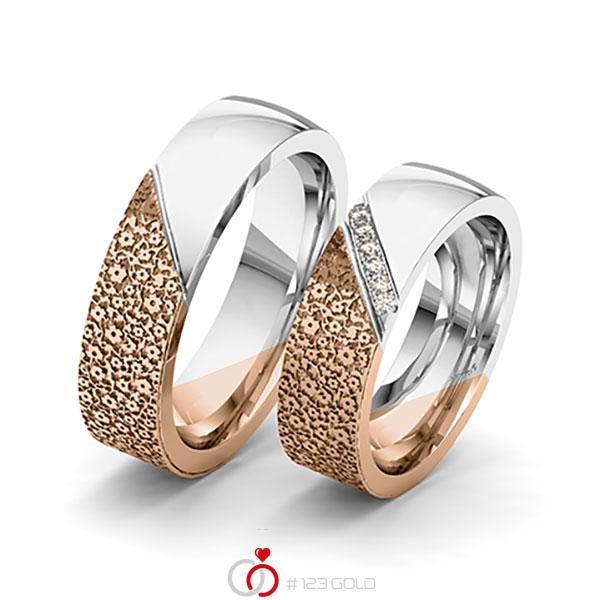 Paar bicolor Trauringe/Eheringe in Rotgold 585 Graugold 585 Laser Struktur mit zus. 0,06 ct. Brillant tw, si von 123gold - Y-1386-9 Paar bicolor Trauringe/Eheringe in Rotgold 585 Graugold 585 Laser Struktur mit zus. 0,06 ct. Brillant tw, si von 123gold - Y-1386-9