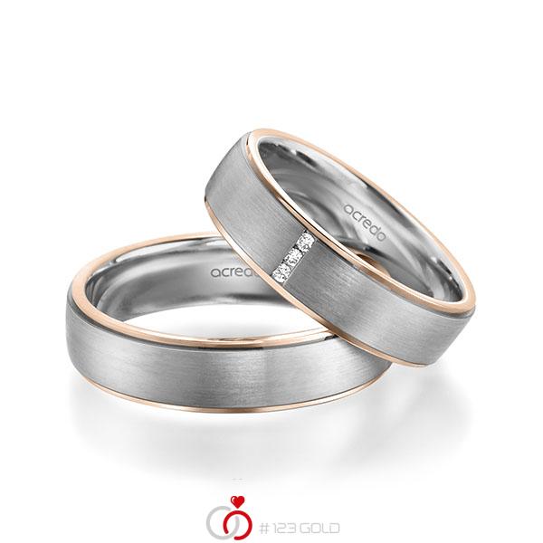 Paar bicolor Trauringe/Eheringe in Rotgold 585 Graugold 585 mit zus. 0,03 ct. Brillant tw, si von acredo - A-1943-9 Paar bicolor Trauringe/Eheringe in Rotgold 585 Graugold 585 mit zus. 0,03 ct. Brillant tw, si von acredo - A-1943-9