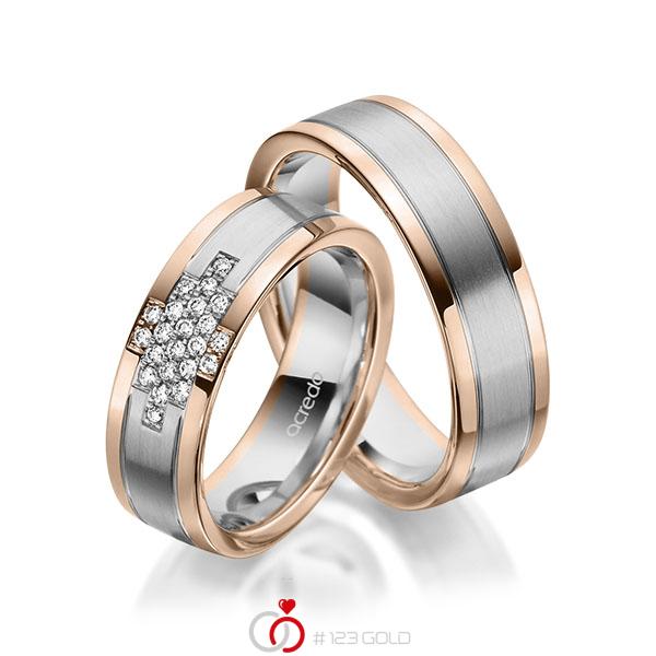 Paar bicolor Trauringe/Eheringe in Rotgold 585 Graugold 585 mit zus. 0,186 ct. Brillant tw, si von acredo - A-1974-11 Paar bicolor Trauringe/Eheringe in Rotgold 585 Graugold 585 mit zus. 0,186 ct. Brillant tw, si von acredo - A-1974-11
