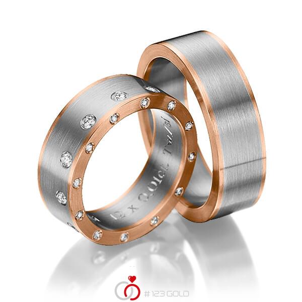 Paar bicolor Trauringe/Eheringe in Rotgold 585 Graugold 585 mit zus. 0,48 ct. Brillant tw, si von Steinberg - Q-1215-3 Paar bicolor Trauringe/Eheringe in Rotgold 585 Graugold 585 mit zus. 0,48 ct. Brillant tw, si von Steinberg - Q-1215-3
